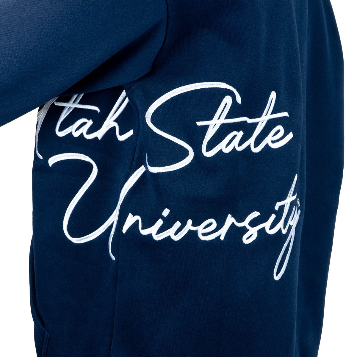 Women's Utah State University embroidered side script navy sweatshirt hoodie